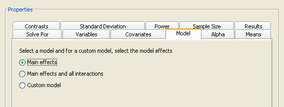 Model Tab with Main Effects Selected