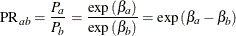 \[  \mbox{PR}_{ab} = \frac{P_ a}{P_ b} = \frac{\exp {(\beta _ a)}}{\exp {(\beta _ b)}} = \exp {(\beta _ a - \beta _ b)}  \]