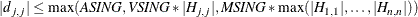 \[  |d_{j,j}| \le \max (\emph{ASING}, \emph{VSING} * |H_{j,j}|, \emph{MSING} * \max (|H_{1,1}|,\ldots ,|H_{n,n}|))  \]