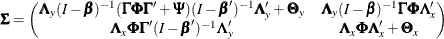 \[  \bSigma = \left( \begin{matrix}  \bLambda _ y (I - \bbeta )^{-1} (\bGamma \bPhi \bGamma ^\prime + \bPsi )(I - \bbeta ^\prime )^{-1} \bLambda _ y^\prime + \bTheta _ y   &  \bLambda _ y (I - \bbeta )^{-1}\bGamma \bPhi \bLambda _ x^\prime   \\ \bLambda _ x\bPhi \bGamma ^\prime (I - \bbeta ^\prime )^{-1}\bLambda _ y^\prime   &  \bLambda _ x\bPhi \bLambda _ x^\prime + \bTheta _ x   \\ \end{matrix} \right)  \]