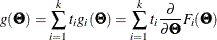 \[  g(\bTheta ) = \sum _{i=1}^ k t_ i g_ i(\bTheta ) = \sum _{i=1}^ k t_ i \frac{\partial }{\partial \bTheta } F_ i(\bTheta )  \]