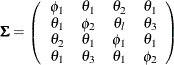 \[  \bSigma = \left( \begin{array}{cccc} \phi _1 &  \theta _1 &  \theta _2 &  \theta _1 \\ \theta _1 &  \phi _2 &  \theta _ l &  \theta _3 \\ \theta _2 &  \theta _1 &  \phi _1 &  \theta _1 \\ \theta _1 &  \theta _3 &  \theta _1 &  \phi _2 \\ \end{array} \right) \quad  \]