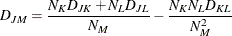 \[  D_{JM} = \frac{N_ K D_{JK} + N_ L D_{JL}}{N_ M} - \frac{N_ K N_ L D_{KL}}{N_ M^2}  \]