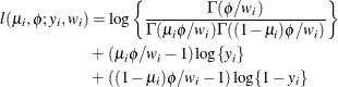 \begin{align*}  l(\mu _ i,\phi ;y_ i,w_ i) & = \log \left\{  \frac{\Gamma (\phi /w_ i)}{\Gamma (\mu _ i\phi /w_ i)\Gamma ((1-\mu _ i)\phi /w_ i)}\right\}  \\ & \mbox{} + \,  (\mu _ i\phi /w_ i - 1)\log \{ y_ i\}  \\ & \mbox{} + \,  ((1-\mu _ i)\phi /w_ i - 1)\log \{ 1-y_ i\}  \end{align*}