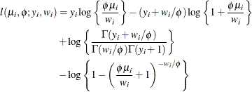 \begin{align*}  l(\mu _ i,\phi ;y_ i,w_ i) & = y_ i \log \left\{ \frac{\phi \mu _ i}{w_ i}\right\}  - (y_ i + w_ i / \phi )\log \left\{ 1 + \frac{\phi \mu _ i}{w_ i}\right\}  \\ &  + \log \left\{  \frac{\Gamma (y_ i + w_ i/\phi )}{\Gamma (w_ i/\phi ) \Gamma (y_ i + 1)} \right\}  \\ &  - \log \left\{  1 - \left( \frac{\phi \mu _ i}{w_ i} + 1 \right)^{-w_ i/\phi } \right\}  \end{align*}