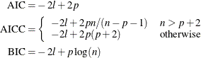 \begin{align*}  \mr{AIC} =&  -2 l + 2p \\ \mr{AICC} =&  \left\{ \begin{array}{ll} -2 l + 2 p n/(n-p-1) &  n > p+2 \cr -2 l + 2 p (p+2) &  \mr{otherwise} \end{array}\right. \\ \mr{BIC} =&  -2 l + p \log (n) \end{align*}