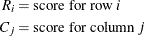 \[  \begin{aligned}  R_{i} &  = \mbox{score for row } i \\ C_{j} &  = \mbox{score for column } j \end{aligned}  \]