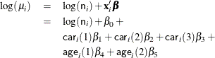 \begin{eqnarray*}  \log (\mu _ i) &  = &  \log ({\Variable{n}}_ i) + \mb{x}_ i^\prime \bbeta \\ &  = &  \log ({\Variable{n}}_ i) + \beta _{0} + \\ & &  {\Variable{car}}_ i(1)\beta _{1} + {\Variable{car}}_ i(2)\beta _{2} + {\Variable{car}}_ i(3)\beta _{3} + \\ & &  {\Variable{age}}_ i(1)\beta _{4} + {\Variable{age}}_ i(2)\beta _{5} \end{eqnarray*}