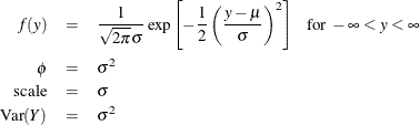 \begin{eqnarray*}  f(y) &  = &  \frac{1}{\sqrt {2\pi } \sigma } \exp \left[ -\frac{1}{2} \left( \frac{y-\mu }{\sigma } \right)^2 \right]~ ~ ~  \mbox{for } -\infty < y < \infty \\ \phi &  = &  \sigma ^{2} \\ \mr{scale} &  = &  \sigma \\ \mr{Var}(Y) &  = &  \sigma ^{2} \\ \end{eqnarray*}