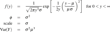 \begin{eqnarray*}  f(y) &  = &  \frac{1}{\sqrt {2\pi y^3} \sigma } \exp \left[ -\frac{1}{2y} \left( \frac{y-\mu }{\mu \sigma } \right)^2 \right]~ ~ ~  \mbox{for } 0 < y < \infty \\ \phi &  = &  \sigma ^2 \\ \mr{scale} &  = &  \sigma \\ \mr{Var}(Y) &  = &  \sigma ^2 \mu ^3 \\ \end{eqnarray*}