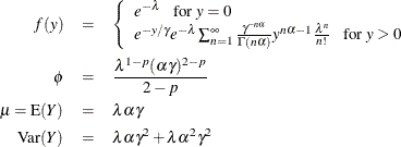 \begin{eqnarray*}  f(y) &  = &  \left\{  \begin{array}{l} e^{-\lambda } ~ ~ ~ \mbox{for } y=0 \\ e^{-y/ \gamma } e^{-\lambda } \sum _{n=1}^{\infty } \frac{\gamma ^{-n\alpha }}{\Gamma (n \alpha )} y^{n\alpha -1} \frac{\lambda ^{n}}{n!} ~ ~ ~ \mbox{for } y > 0 \\ \end{array} \right. \\ \phi &  = &  \frac{\lambda ^{1-p} (\alpha \gamma )^{2-p}}{2-p} \\ \mu = \mr{E}(Y) &  = &  \lambda \alpha \gamma \\ \mr{Var}(Y) &  = &  \lambda \alpha \gamma ^2 + \lambda \alpha ^2\gamma ^2 \\ \end{eqnarray*}