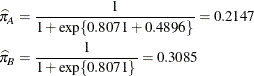 \begin{align*}  \widehat{\pi }_{A} & = \frac{1}{1+\exp \{ 0.8071+0.4896\} } = 0.2147 \\ \widehat{\pi }_{B} & = \frac{1}{1+\exp \{ 0.8071\} } = 0.3085 \end{align*}