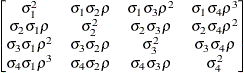 $ \begin{bmatrix}  \sigma _{1}^{2}   &  \sigma _{1}\sigma _{2}\rho   &  \sigma _{1}\sigma _{3}\rho ^{2}   &  \sigma _{1}\sigma _{4}\rho ^{3}   \\ \sigma _{2}\sigma _{1}\rho   &  \sigma _{2}^{2}   &  \sigma _{2}\sigma _{3}\rho   &  \sigma _{2}\sigma _{4}\rho ^{2}   \\ \sigma _{3}\sigma _{1}\rho ^{2}   &  \sigma _{3}\sigma _{2}\rho   &  \sigma _{3}^{2}   &  \sigma _{3}\sigma _{4}\rho   \\ \sigma _{4}\sigma _{1}\rho ^{3}   &  \sigma _{4}\sigma _{2}\rho   &  \sigma _{4}\sigma _{3}\rho   &  \sigma _{4}^{2}   \end{bmatrix} $