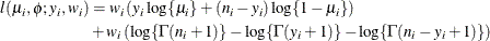 \begin{align*}  l(\mu _ i,\phi ;y_ i,w_ i) & = w_ i \left( y_ i \log \{ \mu _ i\}  + (n_ i - y_ i) \log \{ 1-\mu _ i\}  \right) \\ & + w_ i \left( \log \{ \Gamma (n_ i+1)\}  - \log \{ \Gamma (y_ i+1)\}  - \log \{ \Gamma (n_ i-y_ i+1)\} \right) \end{align*}