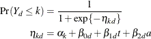 \begin{align*}  \mr{Pr}(Y_ d \le k) & = \frac{1}{1+\exp \{ -\eta _{kd}\} } \\ \eta _{kd} & = \alpha _ k + \beta _{0d} + \beta _{1d}t + \beta _{2d}a \end{align*}