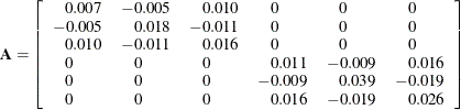 \[  \mb{A} = \left[ \begin{array}{llllll} \hphantom {-}0.007 &  -0.005 & \hphantom {-}0.010 & \hphantom {-}0 & \hphantom {-}0 & \hphantom {-}0 \\ -0.005 & \hphantom {-}0.018 &  -0.011 & \hphantom {-}0 & \hphantom {-}0 & \hphantom {-}0 \\ \hphantom {-}0.010 &  -0.011 & \hphantom {-}0.016 & \hphantom {-}0 & \hphantom {-}0 & \hphantom {-}0 \\ \hphantom {-}0 & \hphantom {-}0 & \hphantom {-}0 & \hphantom {-}0.011 &  -0.009 & \hphantom {-}0.016 \\ \hphantom {-}0 & \hphantom {-}0 & \hphantom {-}0 &  -0.009 & \hphantom {-}0.039 &  -0.019 \\ \hphantom {-}0 & \hphantom {-}0 & \hphantom {-}0 & \hphantom {-}0.016 &  -0.019 & \hphantom {-}0.026 \\ \end{array} \right]  \]