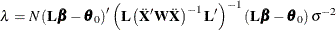 \[  \lambda = N \left(\mb{L} \bbeta - \btheta _0 \right)’\left(\mb{L} \left(\ddot{\mb{X}}’ \mb{W} \ddot{\mb{X}} \right)^{-1} \mb{L}^\prime \right)^{-1} \left(\mb{L} \bbeta - \btheta _0 \right) \sigma ^{-2}  \]