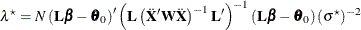 \[  \lambda ^\star = N \left(\mb{L} \bbeta - \btheta _0 \right)’\left(\mb{L} \left(\ddot{\mb{X}}’ \mb{W} \ddot{\mb{X}} \right)^{-1} \mb{L}^\prime \right)^{-1} \left(\mb{L} \bbeta - \btheta _0 \right) (\sigma ^\star )^{-2}  \]