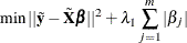 \[  \min ||\tilde{\mb{y}}- \tilde{\bX } \bbeta ||^2 + \lambda _1 \sum _{j=1}^{m} |\beta _ j |  \]