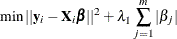 \[  \min ||\mb{y}_ i- \bX _ i \bbeta ||^2 + \lambda _1 \sum _{j=1}^{m} |\beta _ j |  \]