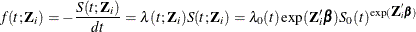 \[  f(t;\bZ _ i) = -\frac{S(t;\bZ _ i)}{dt} = \lambda (t;\bZ _ i) S(t;\bZ _ i) = \lambda _0(t) \exp (\bZ _ i’\bbeta ) S_0(t)^{\exp (\bZ _ i'\bbeta )}  \]