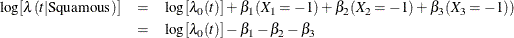 \begin{eqnarray*}  \log [\lambda (t|\mbox{Squamous})] & =&  \log [\lambda _0(t)] + \beta _1 (X_1=-1) + \beta _2 (X_2=-1)+ \beta _3 (X_3=-1)) \\ & =&  \log [\lambda _0(t)] - \beta _1 - \beta _2 - \beta _3 \end{eqnarray*}