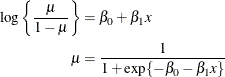 \begin{align*}  \log \left\{ \frac{\mu }{1-\mu }\right\}  & = \beta _0 + \beta _1x \\ \mu & = \frac{1}{1+\exp \{ -\beta _0 - \beta _1x\} } \end{align*}