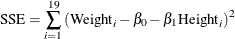 \[  \mr{SSE} = \sum _{i=1}^{19} \left(\mr{Weight}_ i - \beta _0 - \beta _1 \mr{Height}_ i\right)^2  \]