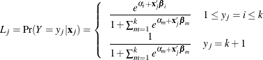 \[  L_ j = {\Pr }({Y}=y_ j|\mb{x}_ j) = \left\{ \begin{array}{ll} \displaystyle \frac{{e}^{\alpha _{i}+\mb{x}_ j'\bbeta _{i}}}{1+\sum _{m=1}^{k} {e}^{\alpha _{m}+\mb{x}_ j' \bbeta _{m}}} &  1\le y_ j=i\le k \\ \displaystyle \rule{0mm}{1.5em}\frac{1}{1+\sum _{m=1}^{k} {e}^{\alpha _{m}+\mb{x}_ j' \bbeta _{m}}} &  y_ j=k+1 \end{array} \right.  \]