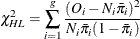 \[  \chi ^2_{HL} = \sum ^{g}_{i=1} \frac{(O_ i - N_ i {\bar{\pi }}_ i)^2}{N_ i {\bar{\pi }}_ i (1 - {\bar{\pi }}_ i)}  \]