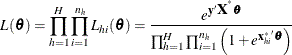 \[  L(\btheta ) = \prod _{h=1}^{H} \prod _{i=1}^{n_ h} L_{hi}(\btheta ) = \frac{e^{\mb{y}'{\bX ^{^*}}\btheta }}{\prod _{h=1}^{H} \prod _{i=1}^{n_ h} \left(1+e^{{\mb{x}^*_{hi}}'\btheta }\right)}  \]