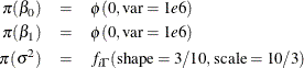 \begin{eqnarray*}  \pi (\beta _0) & =&  \phi (0, \mbox{var}=1e6) \\ \pi (\beta _1) & =&  \phi (0, \mbox{var}=1e6) \\ \pi (\sigma ^2) & =&  f_{i\Gamma }(\mbox{shape}=3/10, \mbox{scale}=10/3) \end{eqnarray*}