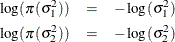 \begin{eqnarray*}  \log (\pi (\sigma _1^2)) & =&  -\log (\sigma _1^2) \\ \log (\pi (\sigma _2^2)) & =&  -\log (\sigma _2^2) \end{eqnarray*}