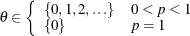 $ \theta \in \left\{  \begin{array}{ll} \{ 0, 1, 2, \ldots \}  &  0 < p < 1 \\ \{ 0\}  &  p = 1 \\ \end{array} \right. $