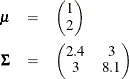 \begin{eqnarray*}  \bm {\mu } & =& \begin{pmatrix}  1   \\ 2   \end{pmatrix}\\ \bm {\Sigma } & =& \begin{pmatrix}  2.4   &  3   \\ 3   &  8.1   \end{pmatrix}\end{eqnarray*}