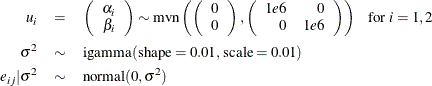 \begin{eqnarray*}  u_ i & =&  \left( \begin{array}{rrrrrrrrrr} \alpha _ i\\ \beta _ i\\ \end{array} \right) \sim \mbox{mvn} \left( \left( \begin{array}{rrrrrrrrrr} 0\\ 0\\ \end{array} \right), \left( \begin{array}{rrrrrrrrrr} 1e6& 0\\ 0& 1e6\\ \end{array} \right) \right) ~ ~ ~  \mbox{for } i=1, 2 \\ \sigma ^2 & \sim &  \mbox{igamma} \left( \mbox{shape}=0.01, \mbox{scale} = 0.01 \right) \\ e_{ij} | \sigma ^2 & \sim &  \mbox{normal}(0,\sigma ^2) \end{eqnarray*}