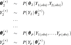 \begin{eqnarray*}  \btheta ^{(*)}_{2} &  \sim &  P(\,  \btheta _{2} \, |\,  Y_{1(\mi{obs})}, Y_{2(\mi{obs})}) \\ Y^{(*)}_{2} &  \sim &  P(\,  Y_{2} \, |\,  \btheta ^{(*)}_{2}) \\ &  \ldots & \\ &  \ldots & \\ \btheta ^{(*)}_{p} &  \sim &  P(\,  \btheta _{p} \, |\,  Y_{1(\mi{obs})}, \ldots , Y_{p(\mi{obs})} \, ) \\ Y^{(*)}_{p} &  \sim &  P(\,  Y_{p} \, |\,  \btheta ^{(*)}_{p} \, ) \end{eqnarray*}