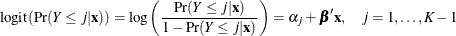 \[  \mbox{logit}(\Pr (Y\le j | \mb{x})) = \mbox{log} \left(\frac{\Pr (Y\le j | \mb{x})}{1-\Pr (Y\le j | \mb{x})} \right) = \alpha _{j} + \bbeta ’ \mb{x} , \quad j=1,\ldots ,K-1  \]