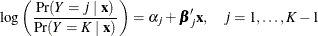 \[  \log \left(\frac{\Pr ({Y} = j~ |~ \mb{x})}{\Pr ({Y} = K~ |~ \mb{x})}\right)= \alpha _{j} + \bbeta _{j} ’ \mb{x} , \quad j=1,\ldots ,K-1  \]