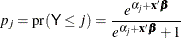 \[  p_ j= \mr{pr}(\Variable{Y} \leq j) = \frac{ e^{\alpha _ j + \mb{x} ' \bbeta } }{ e^{\alpha _ j + \mb{x} ' \bbeta } + 1}  \]