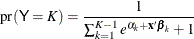 \[  \mr{pr}(\Variable{Y}=K) = \frac{ 1 }{ \sum _{k=1}^{K-1} {e^{ \alpha _ k + \mb{x} ' \bbeta _ k }} + 1 }  \]