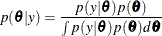 \[  p(\btheta | y) = \frac{p( y | \btheta ) p( \btheta )}{ \int p( y | \btheta ) p(\btheta ) d \btheta }  \]