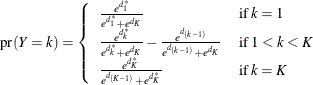 \[  \mr{pr}( Y = k) = \left\{  \begin{array}{ll} \frac{ e^{ d^{*}_1 } }{ e^{ d^{*}_1 } + e^{ d_ K } } &  \mr{if} \;  k=1 \\ \frac{ e^{ d^{*}_ k } }{ e^{ d^{*}_ k } + e^{ d_ K } } - \frac{ e^{ d_{(k-1)} } }{ e^{ d_{(k-1)} } + e^{ d_ K } } &  \mr{if} \;  1<k<K \\ \frac{ e^{ d^{*}_ K } }{ e^{ d_{(K-1)} } + e^{ d^{*}_ K } } &  \mr{if} \;  k=K \end{array} \right.  \]