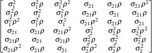 $ \begin{bmatrix}  \sigma ^2_{1}   &  \sigma ^2_{1}\rho   &  \sigma ^2_{1} \rho ^2   &  \sigma _{21}   &  \sigma _{21}\rho   &  \sigma _{21} \rho ^2   \\ \sigma ^2_{1} \rho   &  \sigma ^2_{1}   &  \sigma ^2_{1} \rho   &  \sigma _{21} \rho   &  \sigma _{21}   &  \sigma _{21} \rho   \\ \sigma ^2_{1} \rho ^2  &  \sigma ^2_{1} \rho   &  \sigma ^2_{1}   &  \sigma _{21} \rho ^2   &  \sigma _{21} \rho   &  \sigma _{21}   \\ \sigma _{21}   &  \sigma _{21} \rho   &  \sigma _{21} \rho ^2   &  \sigma ^2_{2}   &  \sigma ^2_{2} \rho   &  \sigma ^2_{2} \rho ^2   \\ \sigma _{21} \rho   &  \sigma _{21}   &  \sigma _{21} \rho   &  \sigma ^2_{2} \rho   &  \sigma ^2_{2}   &  \sigma ^2_{2} \rho   \\ \sigma _{21} \rho ^2   &  \sigma _{21} \rho   &  \sigma _{21}   &  \sigma ^2_{2} \rho ^2   &  \sigma ^2_{2} \rho   &  \sigma ^2_{2}   \\ \end{bmatrix} $