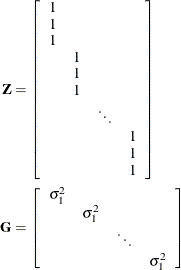 \begin{align*}  \mb{Z} & = \left[ \begin{array}{cccc} 1 & & & \\ 1 & & & \\ 1 & & & \\ &  1 & & \\ &  1 & & \\ &  1 & & \\ & &  \ddots & \\ & & &  1 \\ & & &  1 \\ & & &  1 \\ \end{array} \right] \\ \mb{G} & = \left[ \begin{array}{cccc} \sigma ^2_1 & & & \\ &  \sigma ^2_1 & & \\ & &  \ddots & \\ & & &  \sigma ^2_1 \\ \end{array} \right] \end{align*}