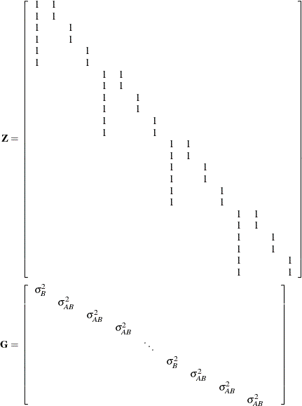 \begin{align*}  \bZ & = \left[ \begin{array}{cccccccccccccccc} 1 &  1 & & & & & & & & & & & & & & \\ 1 &  1 & & & & & & & & & & & & & & \\ 1 & &  1 & & & & & & & & & & & & & \\ 1 & &  1 & & & & & & & & & & & & & \\ 1 & & &  1 & & & & & & & & & & & & \\ 1 & & &  1 & & & & & & & & & & & & \\ & & & &  1 &  1 & & & & & & & & & & \\ & & & &  1 &  1 & & & & & & & & & & \\ & & & &  1 & &  1 & & & & & & & & & \\ & & & &  1 & &  1 & & & & & & & & & \\ & & & &  1 & & &  1 & & & & & & & & \\ & & & &  1 & & &  1 & & & & & & & & \\ & & & & & & & &  1 &  1 & & & & & & \\ & & & & & & & &  1 &  1 & & & & & & \\ & & & & & & & &  1 & &  1 & & & & & \\ & & & & & & & &  1 & &  1 & & & & & \\ & & & & & & & &  1 & & &  1 & & & & \\ & & & & & & & &  1 & & &  1 & & & & \\ & & & & & & & & & & & &  1 &  1 & & \\ & & & & & & & & & & & &  1 &  1 & & \\ & & & & & & & & & & & &  1 & &  1 & \\ & & & & & & & & & & & &  1 & &  1 & \\ & & & & & & & & & & & &  1 & & &  1 \\ & & & & & & & & & & & &  1 & & &  1 \\ \end{array} \right] \\ \bG & = \left[ \begin{array}{ccccccccccccccc} \sigma ^2_ B & & & & & & & & \\ &  \sigma ^2_{AB} & & & & & & & \\ & &  \sigma ^2_{AB} & & & & & & \\ & & &  \sigma ^2_{AB} & & & & & \\ & & & &  \ddots & & & & & \\ & & & & &  \sigma ^2_ B & & & \\ & & & & & &  \sigma ^2_{AB} & & \\ & & & & & & &  \sigma ^2_{AB} & \\ & & & & & & & &  \sigma ^2_{AB} \\ \end{array} \right] \end{align*}