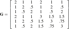 \[  \mb{G} = \left[ \begin{array}{cccccc} 2 &  1 &  1 &  2 &  1 &  1 \\ 1 &  2 &  .5 &  1 &  2 &  .5 \\ 1 &  .5 &  2 &  1 &  .5 &  2 \\ 2 &  1 &  1 &  3 &  1.5 &  1.5 \\ 1 &  2 &  .5 &  1.5 &  3 &  .75 \\ 1 &  .5 &  2 &  1.5 &  .75 &  3 \\ \end{array} \right]  \]