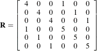 \[  \mb{R} = \left[ \begin{array}{cccccc} 4 &  0 &  0 &  1 &  0 &  0 \\ 0 &  4 &  0 &  0 &  1 &  0 \\ 0 &  0 &  4 &  0 &  0 &  1 \\ 1 &  0 &  0 &  5 &  0 &  0 \\ 0 &  1 &  0 &  0 &  5 &  0 \\ 0 &  0 &  1 &  0 &  0 &  5 \\ \end{array} \right]  \]