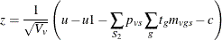 \[  z = \frac{1}{\sqrt {V_ v}} \left(u - u1 - \sum _{S_2} p_{vs} \sum _{g} t_ g m_{vgs} - c \right)  \]