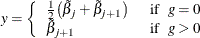 \[  y = \left\{  \begin{array}{ll} \frac{1}{2} \big ( \tilde{\beta }_{j} + \tilde{\beta }_{j+1}\big ) &  \, \, \,  \mr{if} \, \, \, \, \,  g = 0 \cr \tilde{\beta }_{j+1} &  \, \, \,  \mr{if} \, \, \, \, \,  g > 0 \end{array} \right.  \]